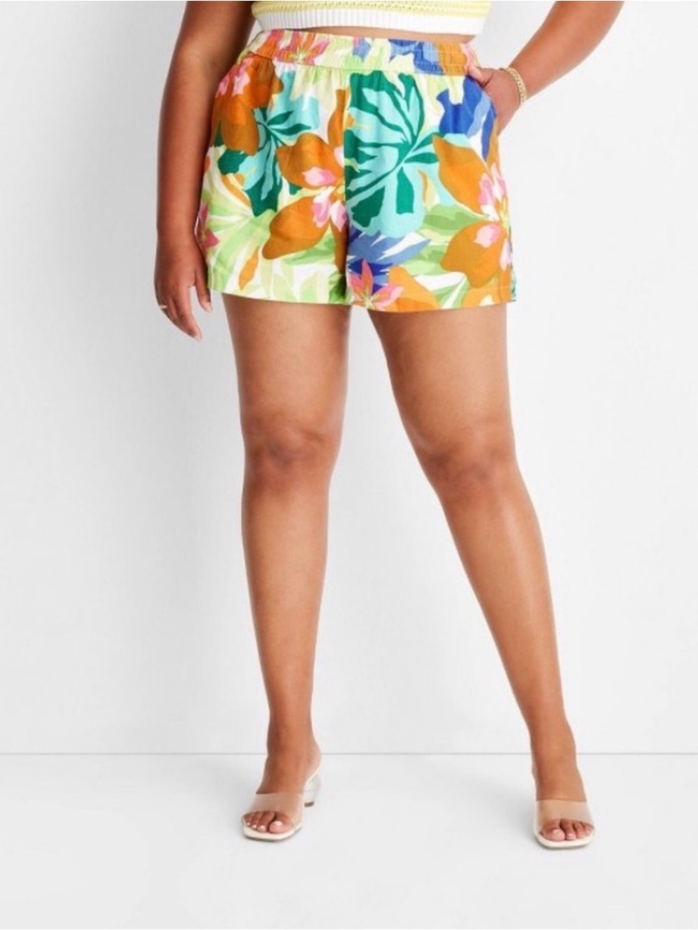 Tropical Floral Linen Blend Shorts - Bright Orange & Green